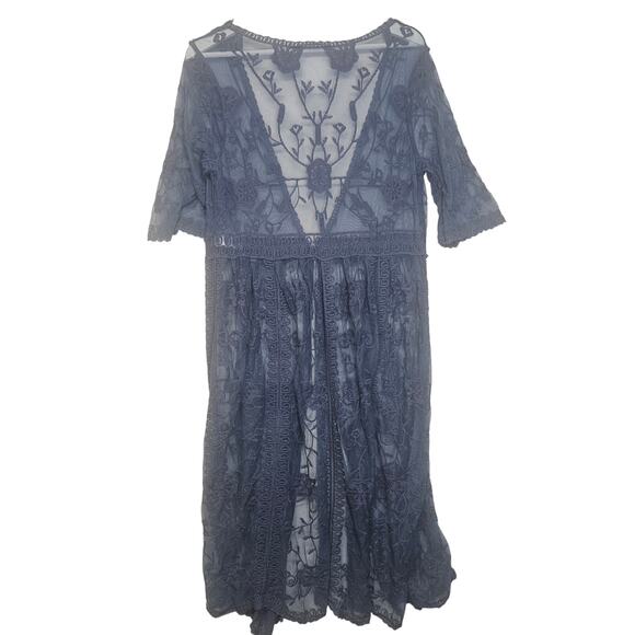 Doe & Rae Blue Lace Long Line Short Sleeve Cardigan - Picture 2 of 8